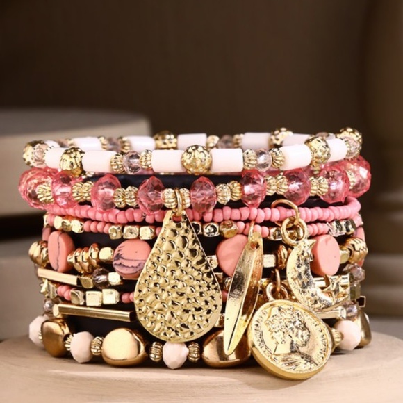 Pink 9-Strand Beaded Boho Stackable Stretch Bracelet Set w/ Gold Charms - Picture 1 of 4